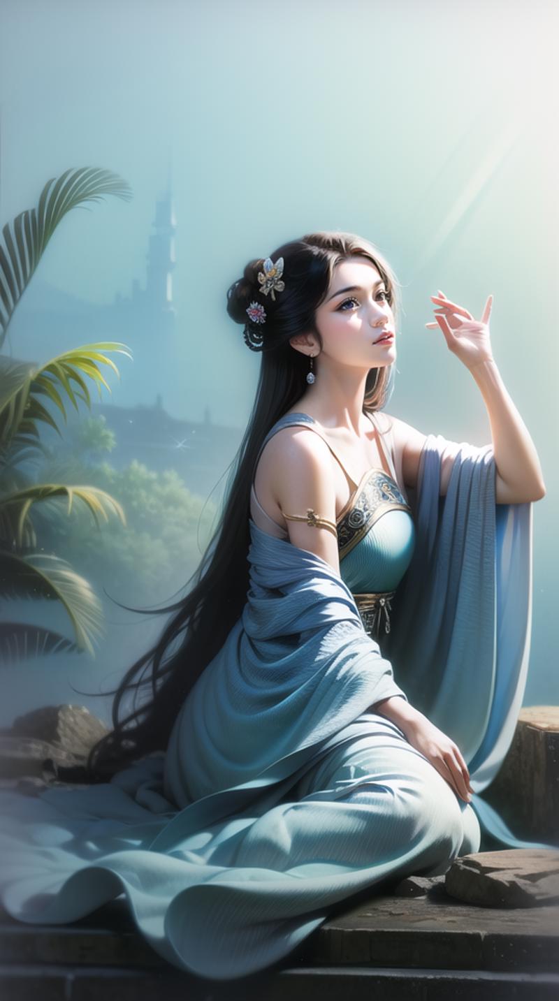 13032-3847530578-(best quality), ((masterpiece)), (highres), illustration, original, extremely detailed,xs, a woman in a blue dress sitting on a.png